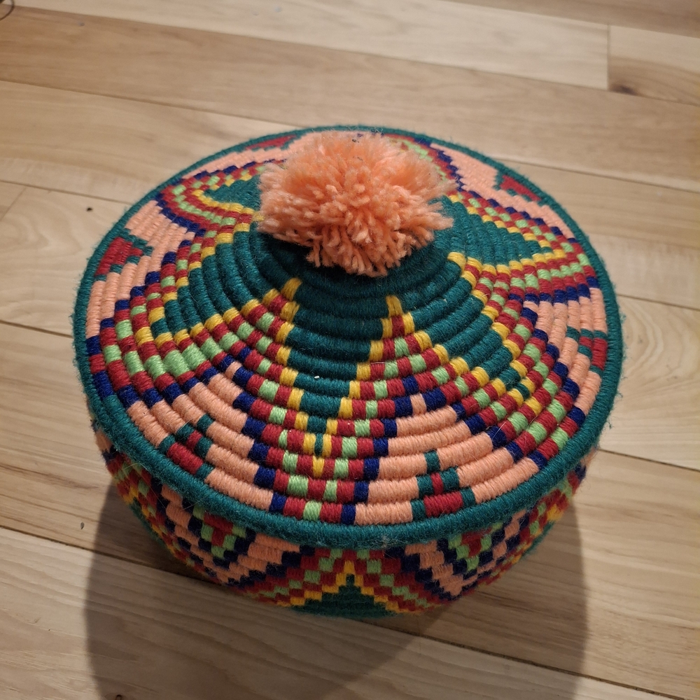 Peruvian Multicolor Woven Basket with Lid and Pom Pom Decor Southwestern